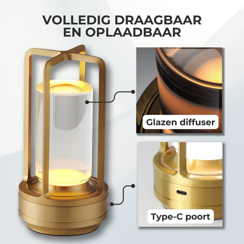 ELVA Draadloze Kristallen Lantaarn Lamp met Touch-Bediening en USB-Oplaadfunctie